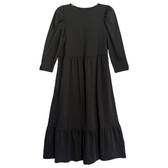Who What Wear Black Puff Sleeve Tiered Dress Size XS Romantic Minimalist Midi - Picture 1 of 11